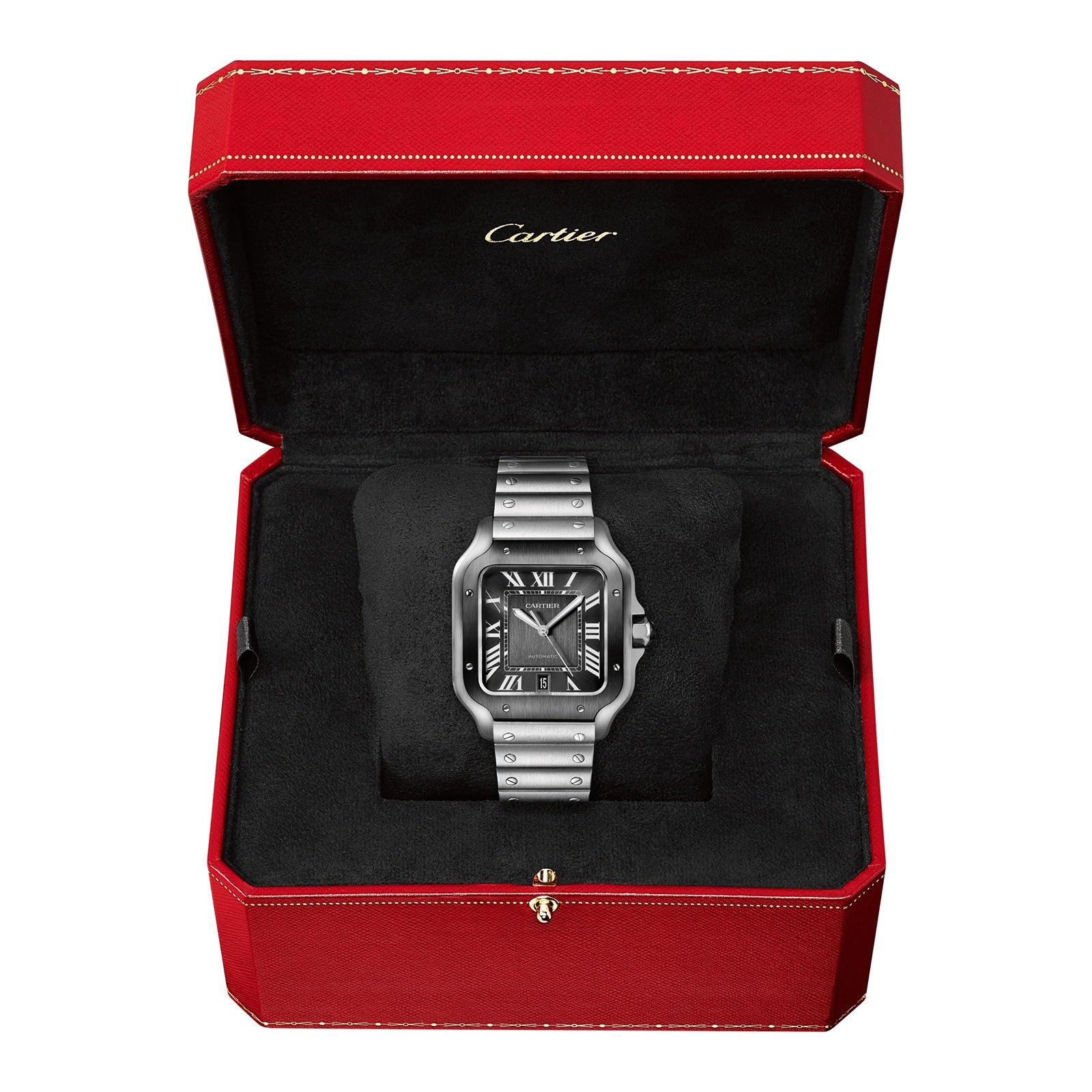Santos De Cartier Watch Large Model, Automatic Movement, Steel, ADLC, Interchangeable Metal And Rubber Bracelets